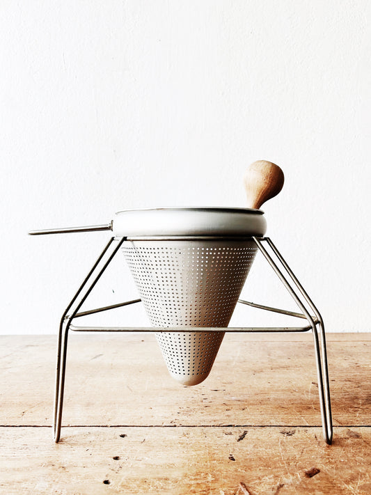 Vintage Metal Sieve with Stand and Wood Pestle