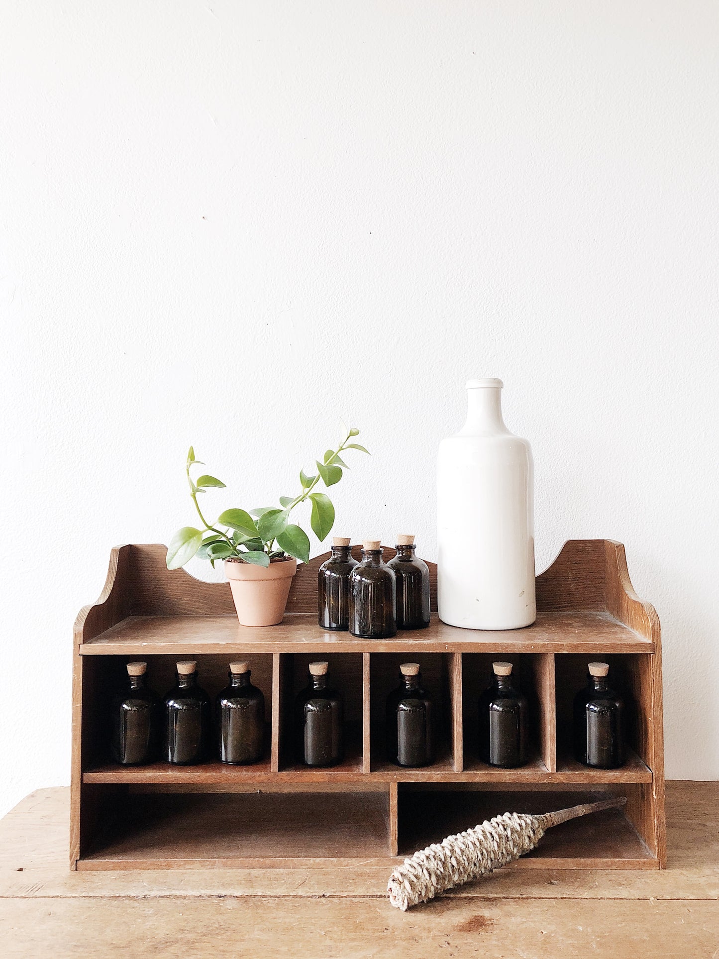 Vintage Wood Apothecary Shelf and Bottles