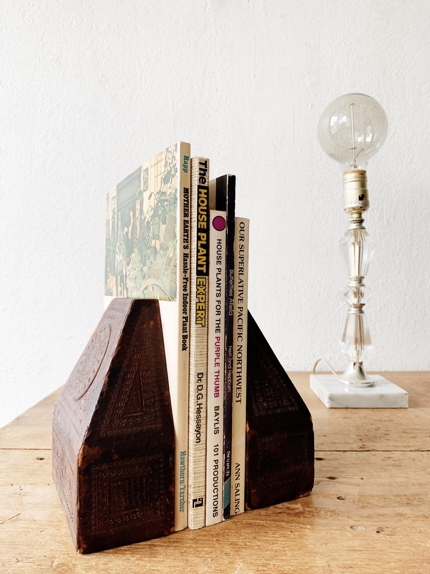 Antique Wood with Tooled Leather Overlay Bookends