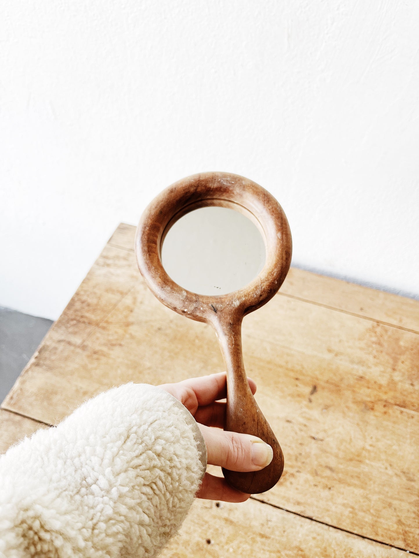 Vintage Chunky Wood Hand Mirror