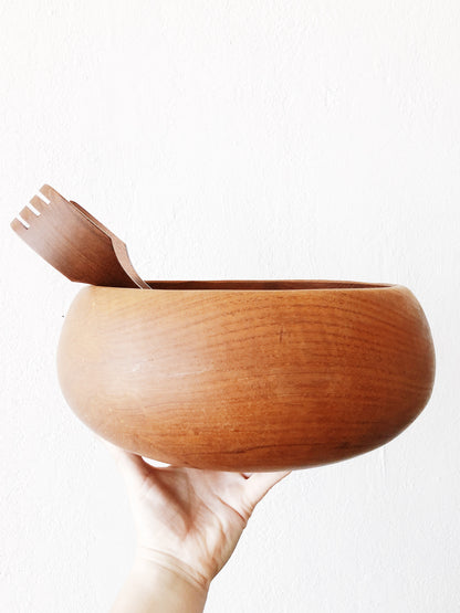 Large Vintage Teak Salad Bowl and Server Set