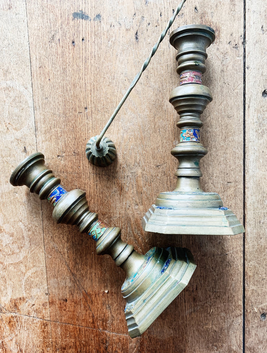 Vintage Brass Candle Holder Pair with Brass Snuffer