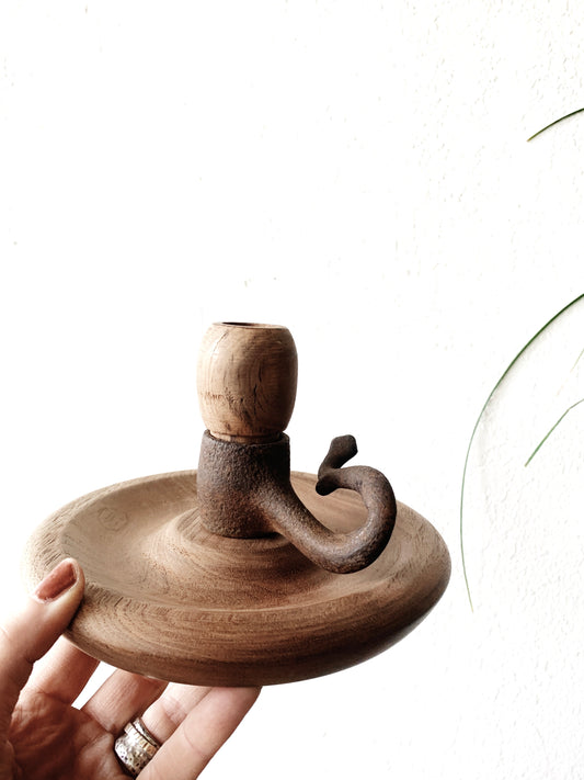 Handmade Wood and Iron Candle Holder