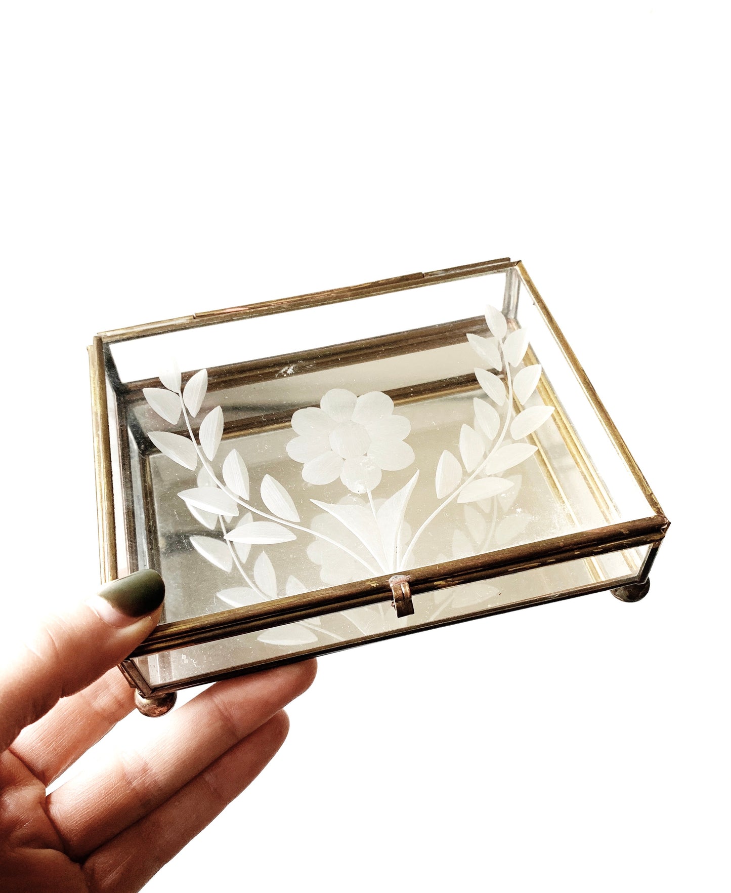 Mirrored Vintage Etched Glass & Brass Box
