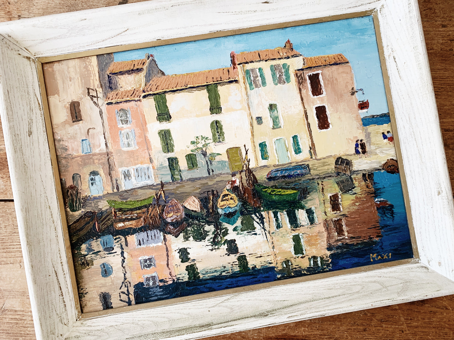 Vintage Framed Oil Painting French Fishing Village