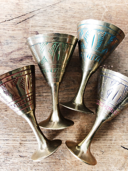 Vintage Incised Brass Cup Set