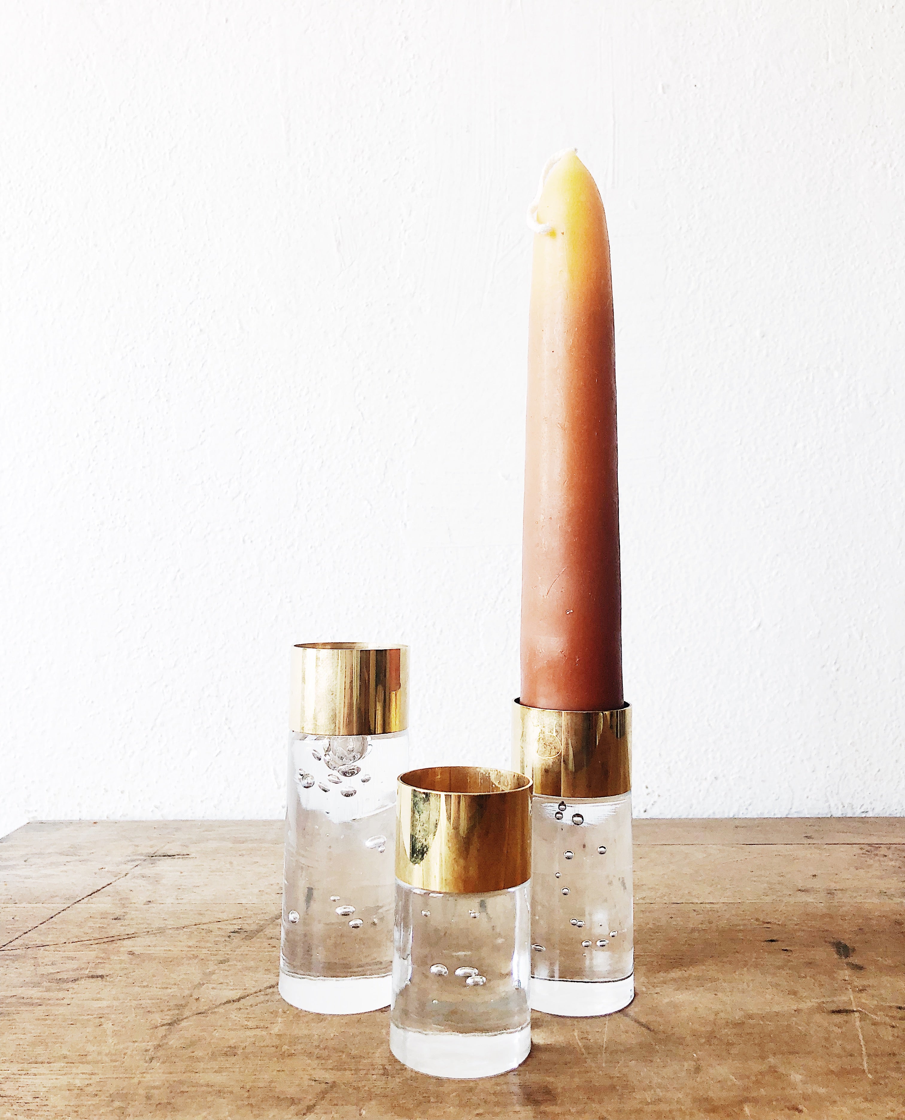 Vintage Swedish Nybro Crystal and Brass Candleholders - Thumbnail 4