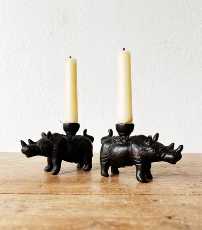 Vintage Pair of Indonesian Cast Iron Rhinoceros Candle Holders