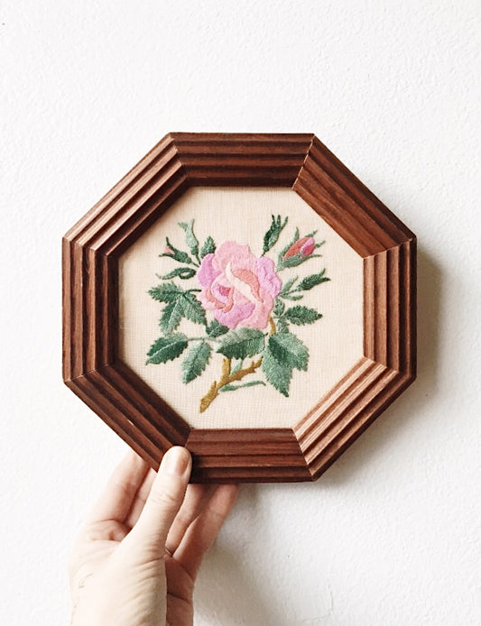 Vintage Embroidered Rose in Octagonal