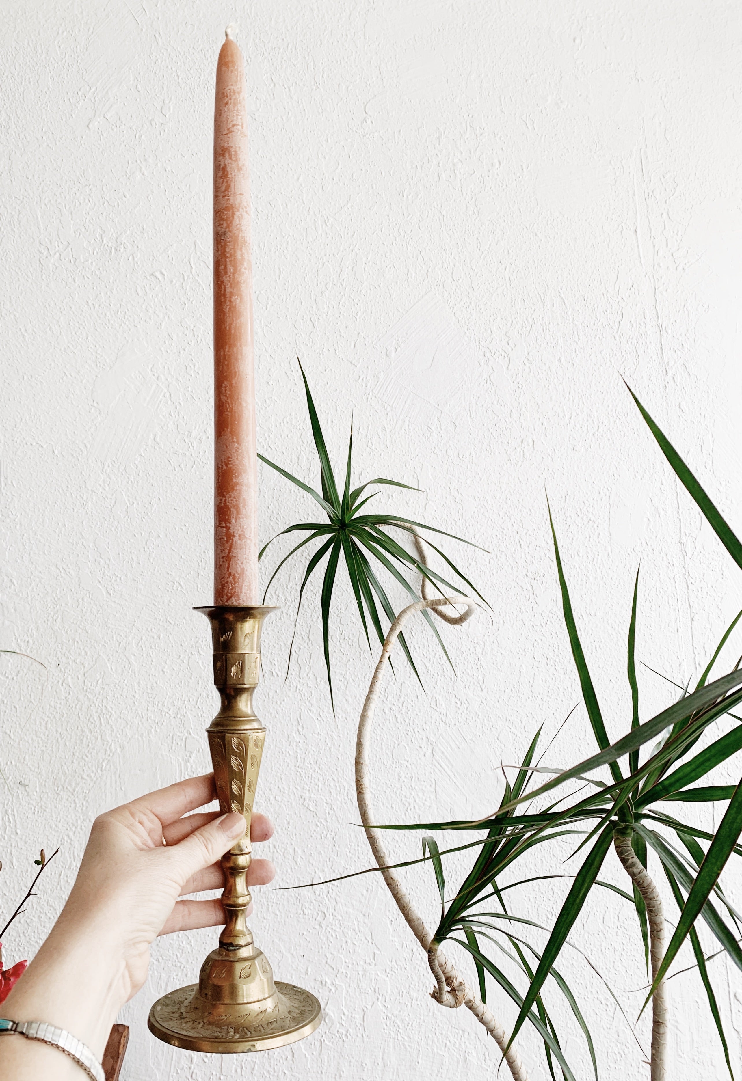 Vintage Incised Brass Candle Holders with Soy Tapers