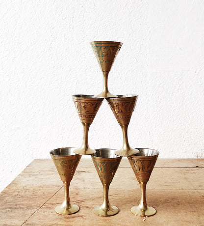 Vintage Incised Brass Cup Set