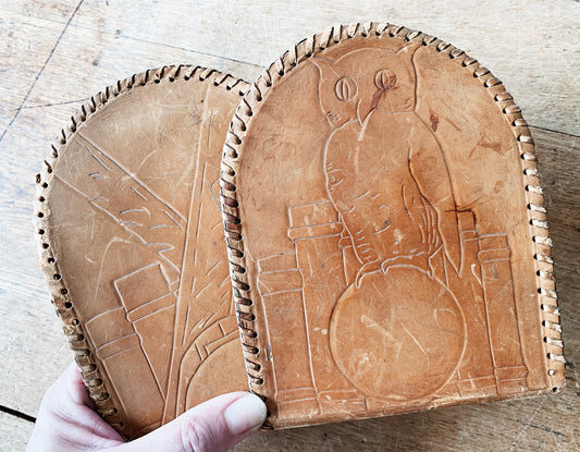 Vintage Tooled Leather Bookends