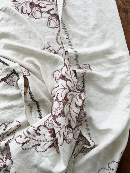 Large Vintage Embroidered Linen Tablecloth
