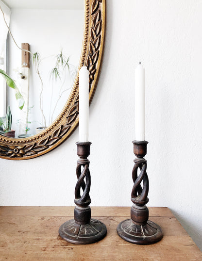 Vintage Spiral Wood Candlesticks