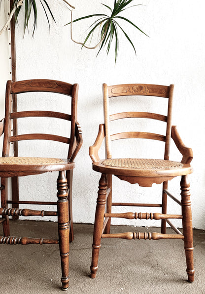 Antique Wood Caned Seat Chair Pair