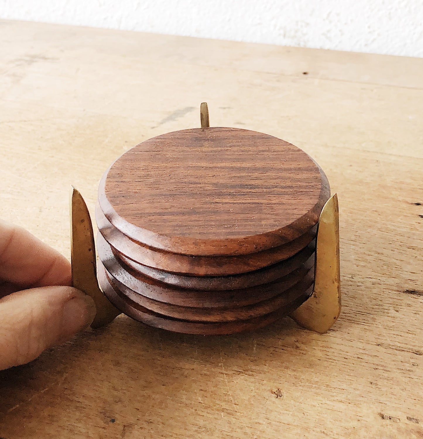 Brass and Walnut Coaster Set