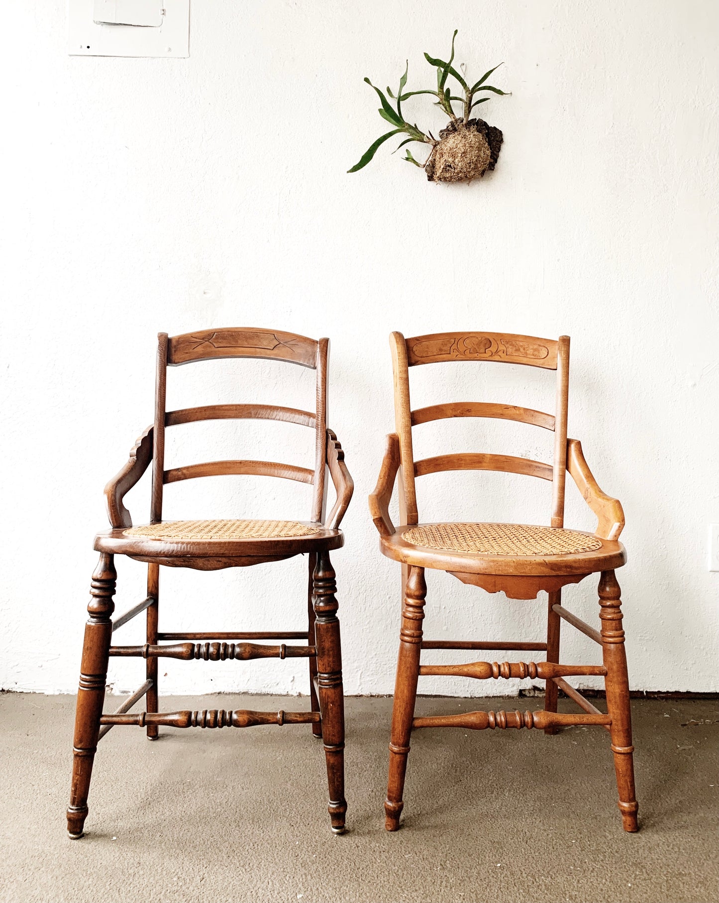 Antique Wood Caned Seat Chair Pair