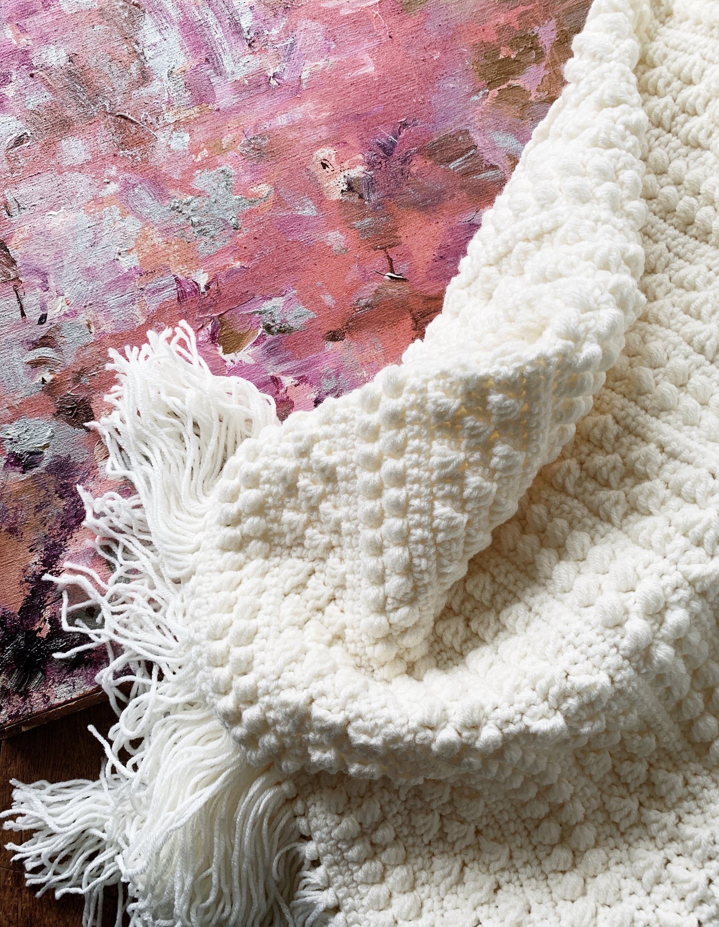 Handmade Popcorn Stitch Creamy White Afghan