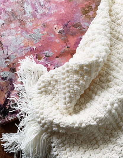 Handmade Popcorn Stitch Creamy White Afghan