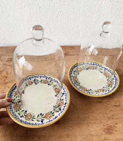 Vintage Hand Painted Dish with Glass Cloche