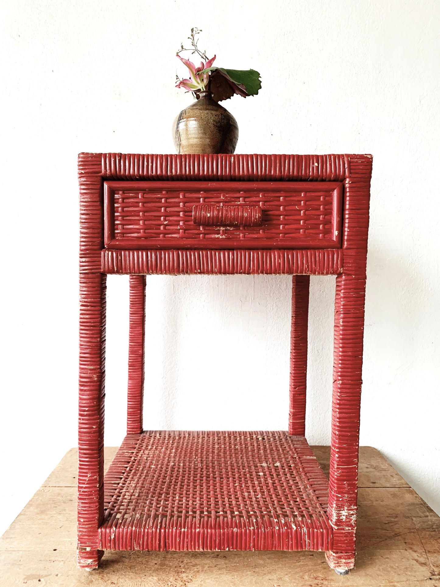 Vintage Wood Framed Wicker Side Table/Nightstand