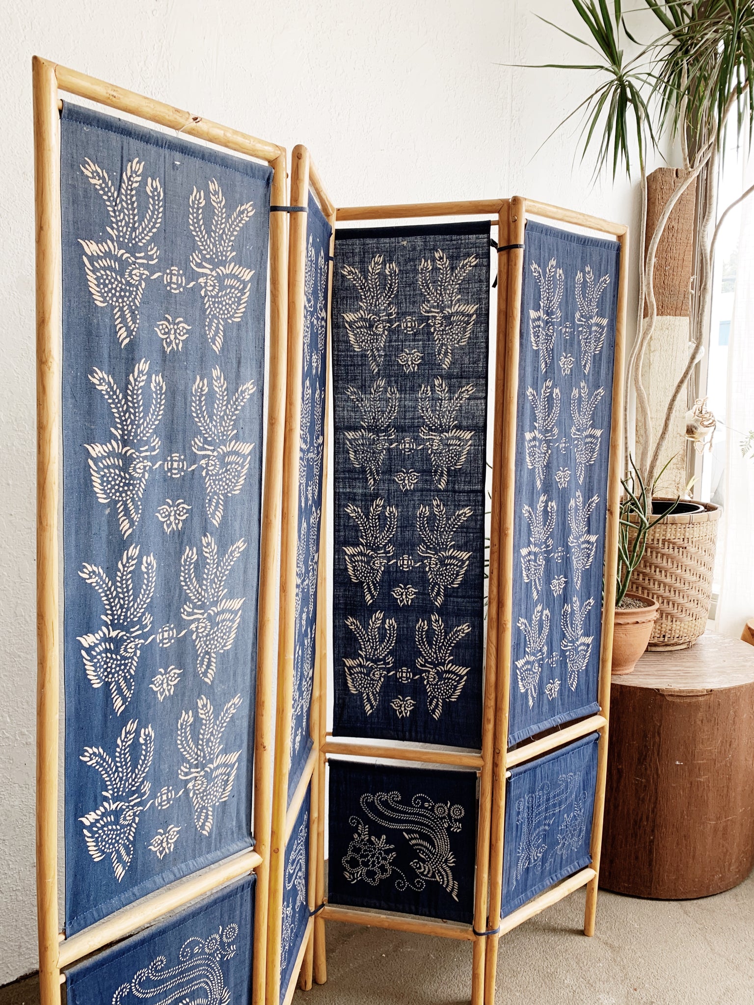 Vintage Bamboo Room Divider with Block Print Indigo Panels