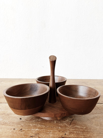 Mid Century Black Walnut lazy Susan Server