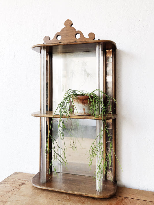 Antique Mirrored Lucite and Wood Wall Shelf