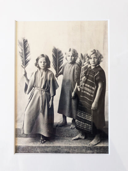 Antique Print of Three Children with Feathers
