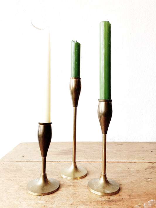 Vintage Aged Brass Candle Holder Trio