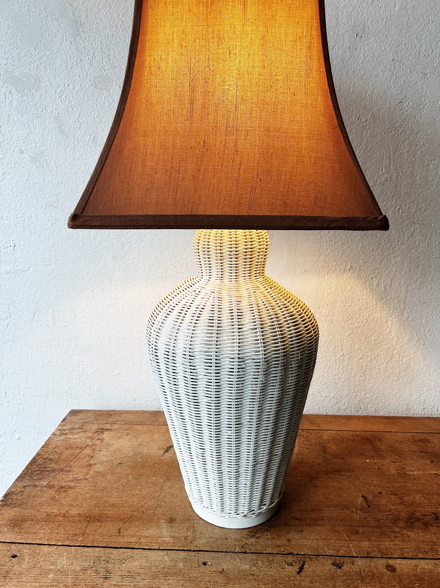 Tall Vintage Wicker Lamp with Silk Shade