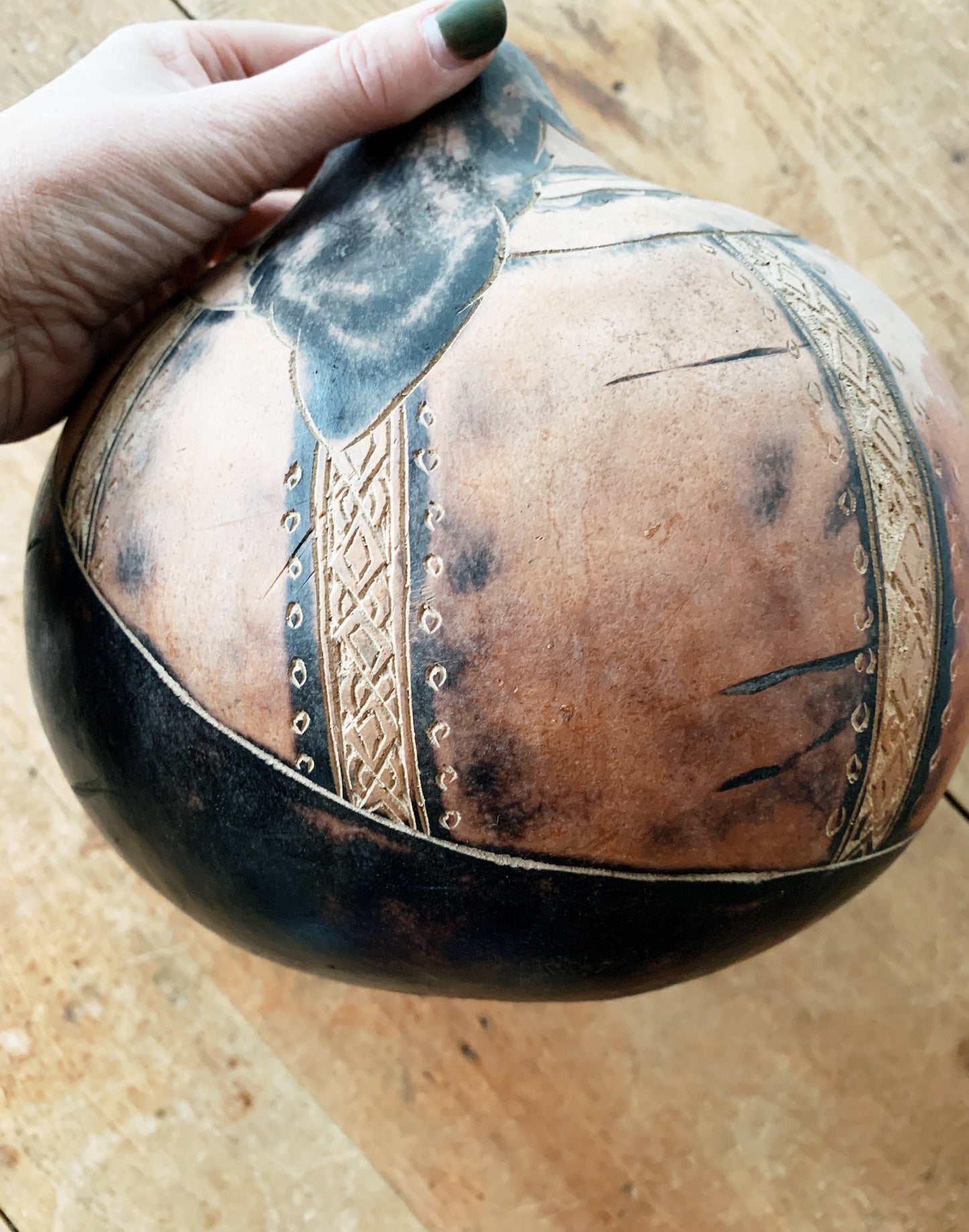 Vintage Hand Painted Carved Gourd Folk Art Peru