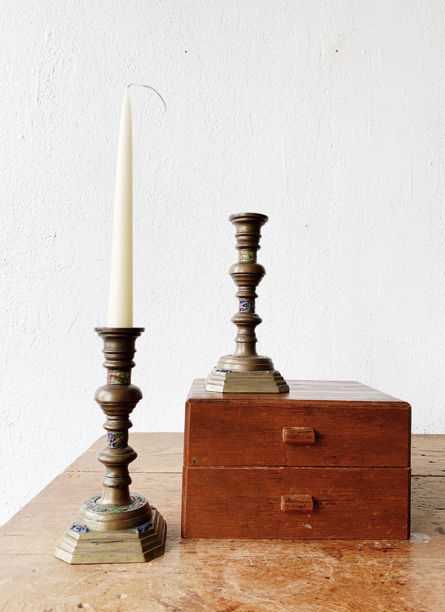 Vintage Brass Candle Holder Pair with Brass Snuffer