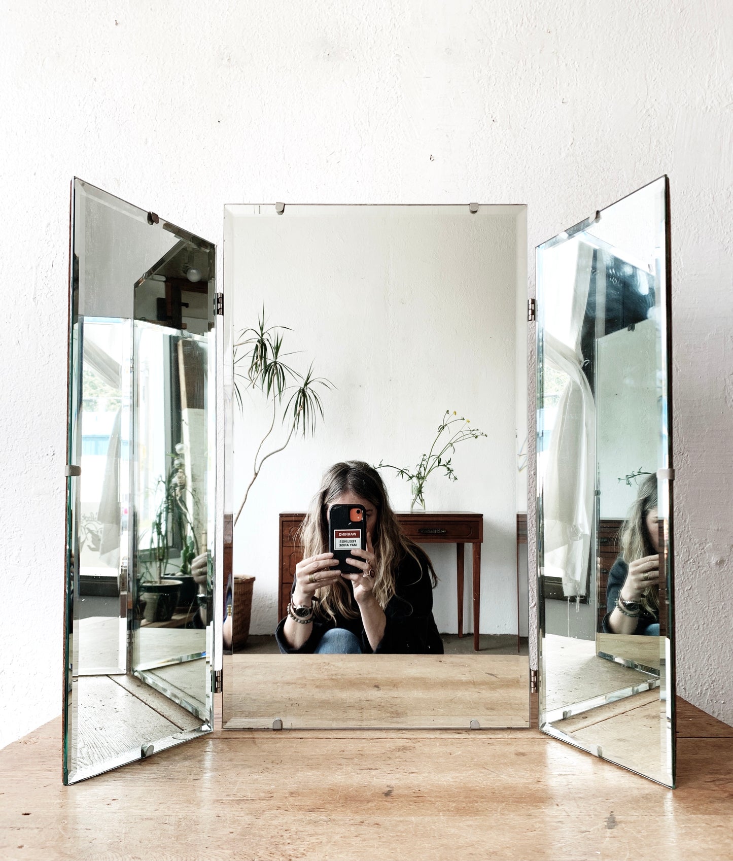 Mid Century Triple Beveled Dresser Mirror