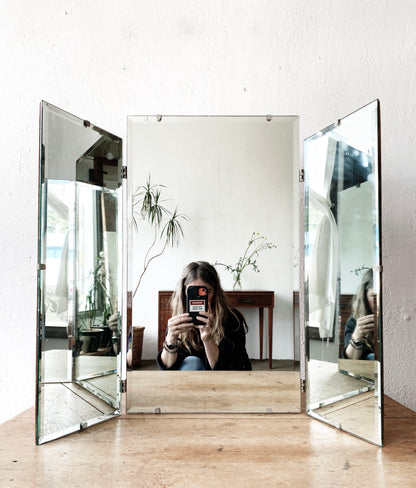 Mid Century Triple Beveled Dresser Mirror