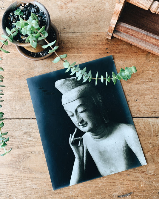 Vintage Black and White Carved Wood Buddha Print