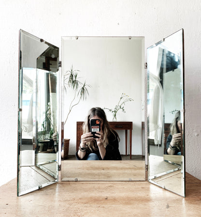 Mid Century Triple Beveled Dresser Mirror