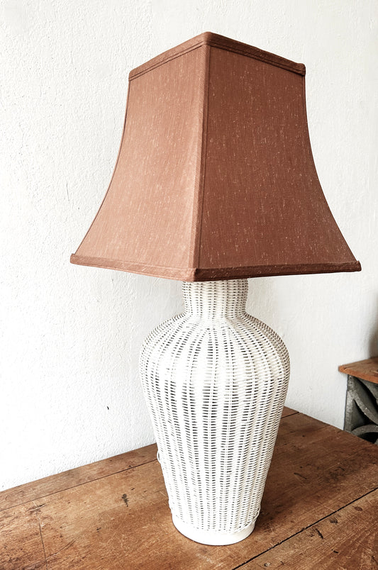 Tall Vintage Wicker Lamp with Silk Shade
