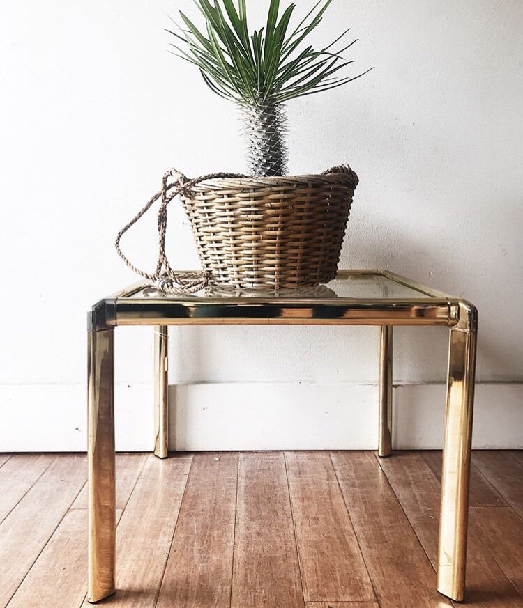 Glass and Brass Tone Side Table