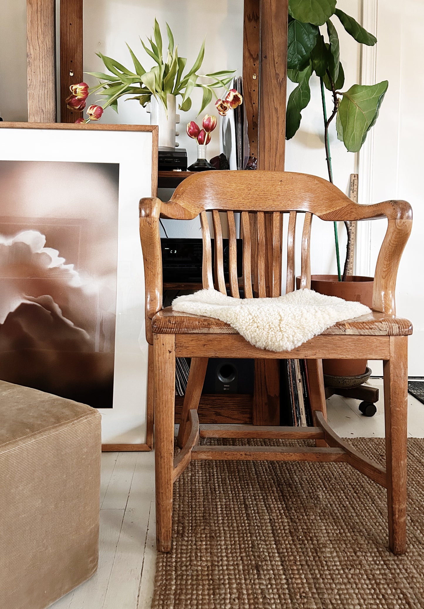 Antique Oak Library Chair with Sheepskin