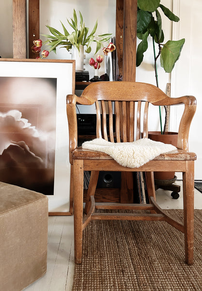 Antique Oak Library Chair with Sheepskin