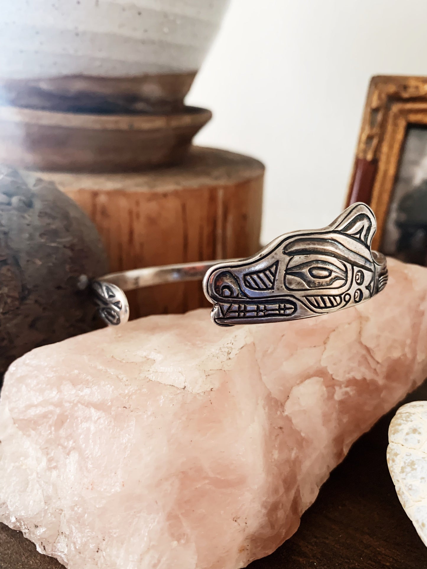 Vintage Bill J. Wilson Tlingit Sterling Wolf Cuff Bracelet
