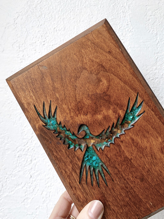 Vintage Handmade Wood Box with Turquoise and Resin Inlay