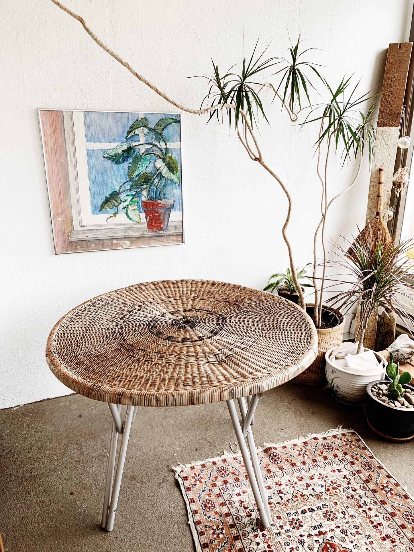 Large Wicker Table with Folding Aluminum Legs