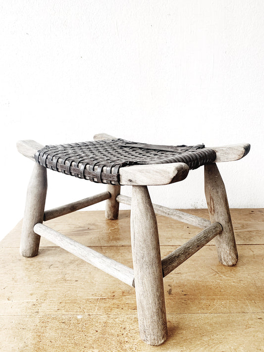 Primitive Wood Stool with Braided Seat