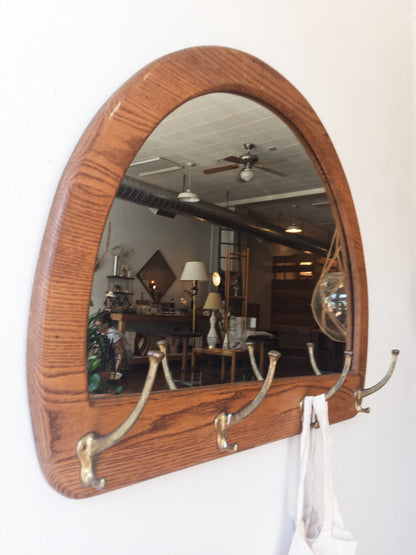 Vintage Arched Mirror with Brass Hooks