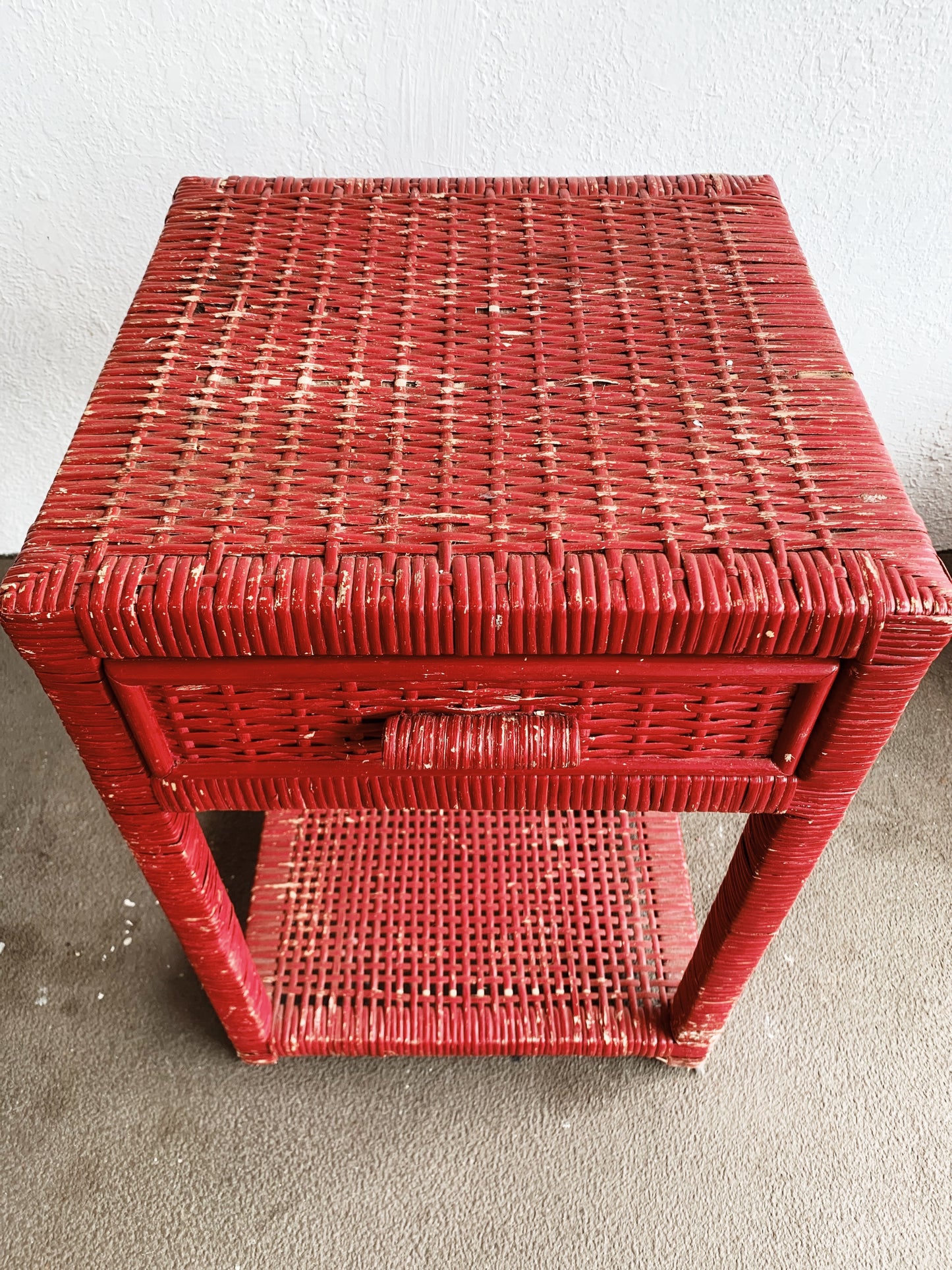 Vintage Wood Framed Wicker Side Table/Nightstand
