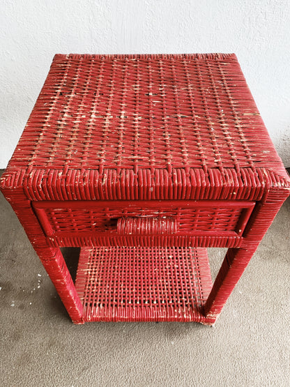 Vintage Wood Framed Wicker Side Table/Nightstand