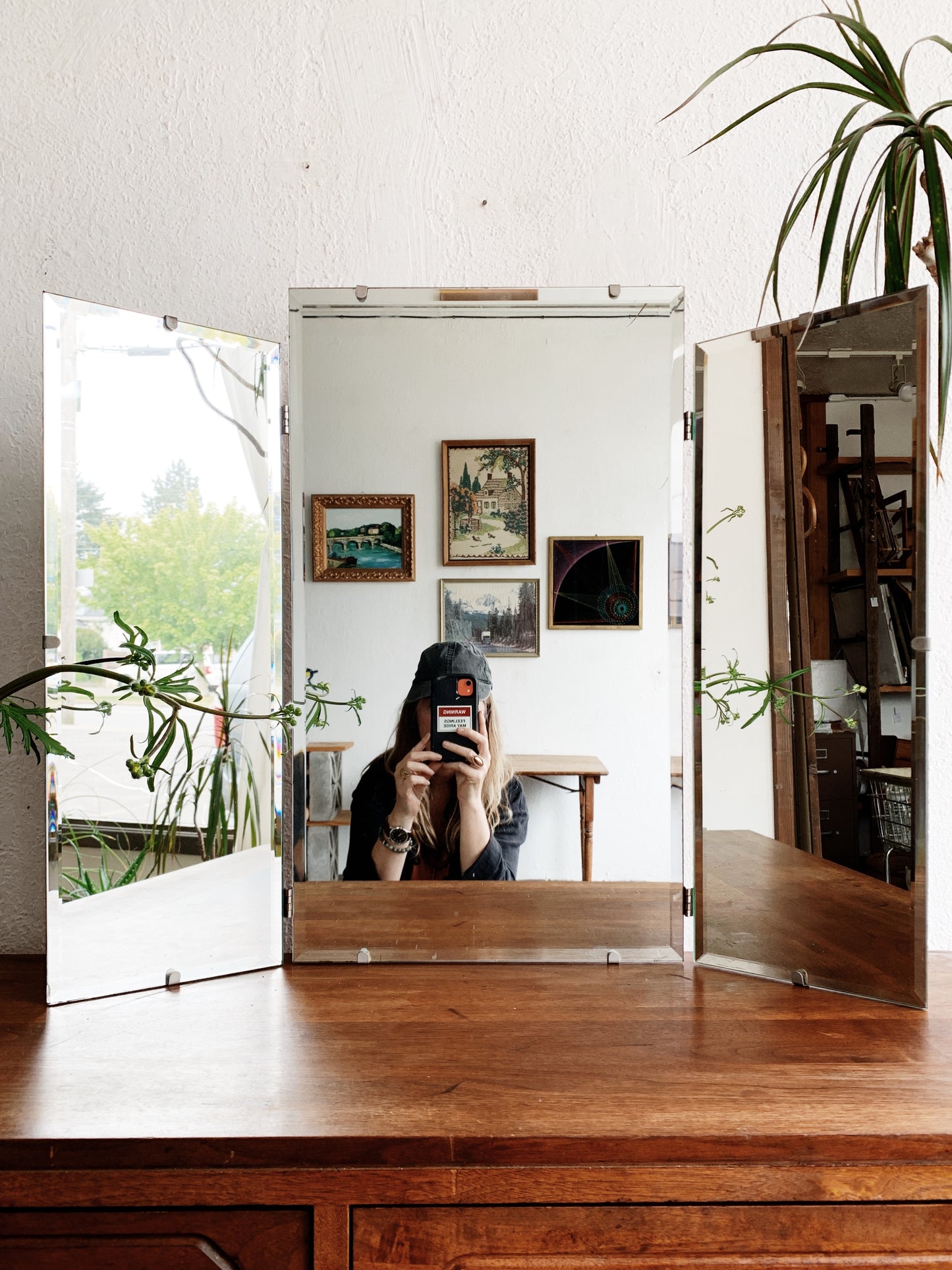 Mid Century Triple Beveled Dresser Mirror