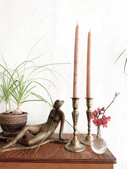Vintage Incised Brass Candle Holders with Soy Tapers